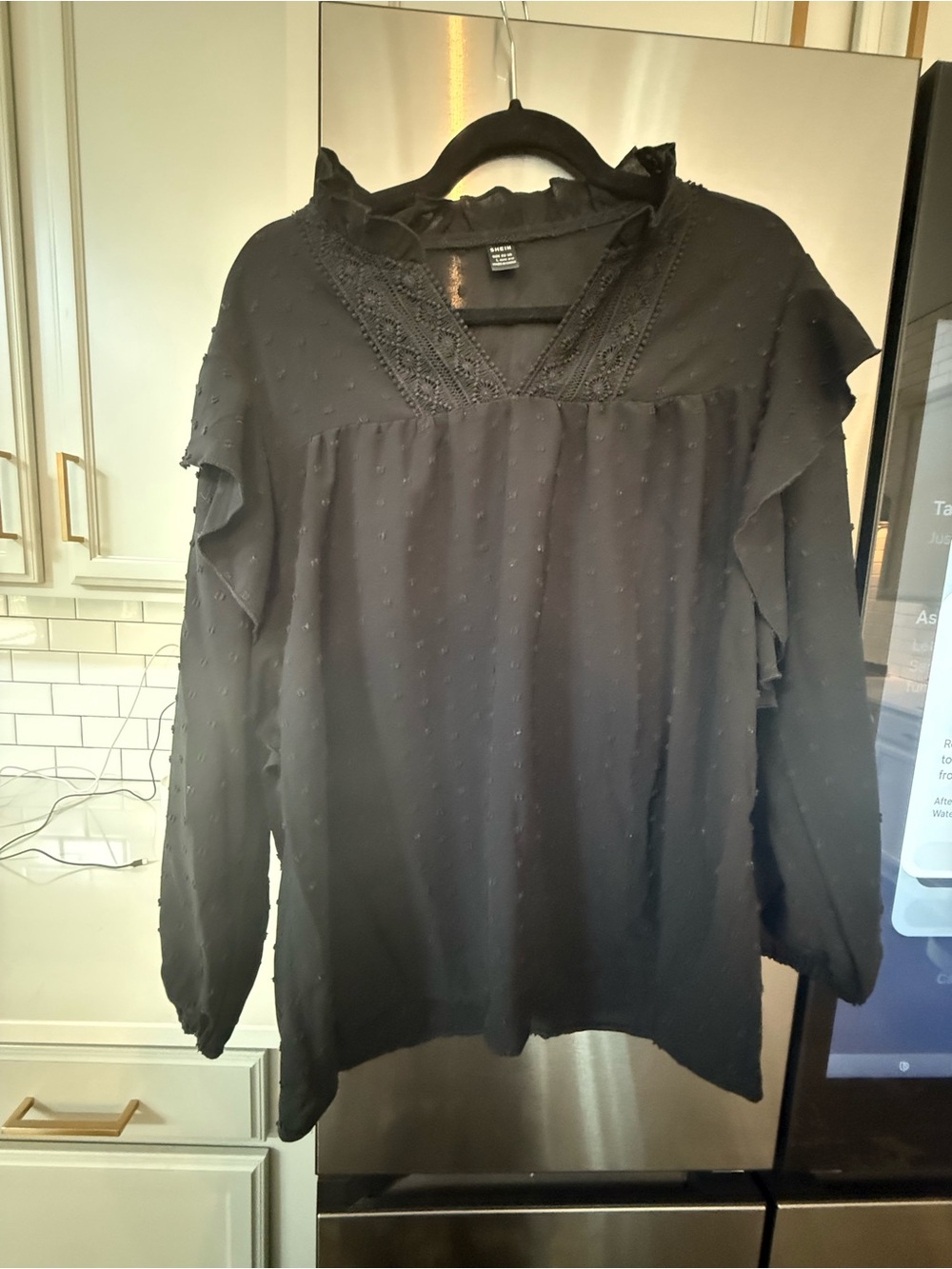 SHEIN Black Textured Ruffle V-Neck Blouse